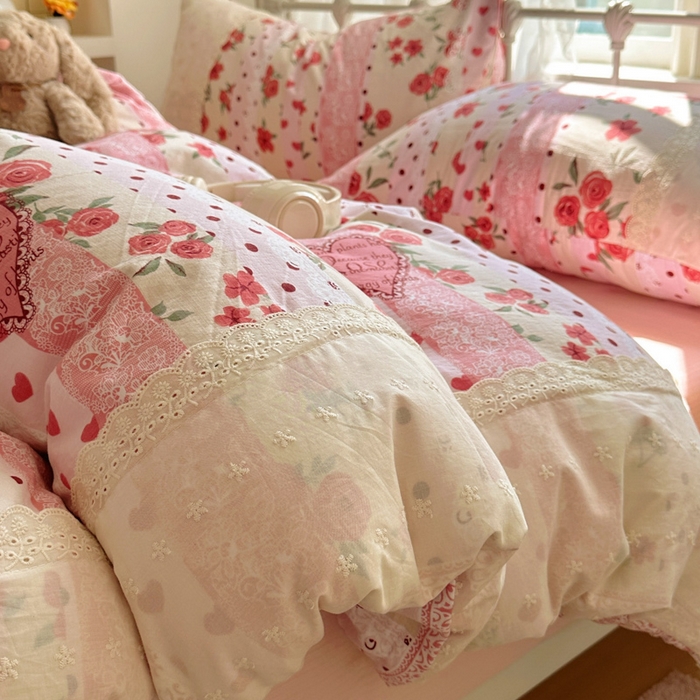 91家纺网 家纺一手货源 找家纺 花伞家居 2025新款A类韩系蕾丝花边云感木棉双层纱四件套（提供买家秀） 韩系热恋城堡