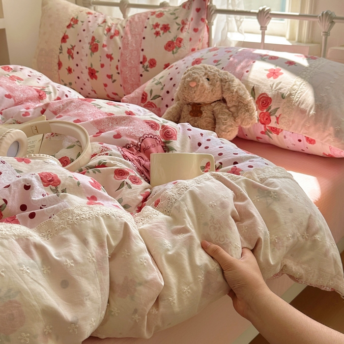 91家纺网 家纺一手货源 找家纺 花伞家居 2025新款A类韩系蕾丝花边云感木棉双层纱四件套（提供买家秀） 韩系热恋城堡