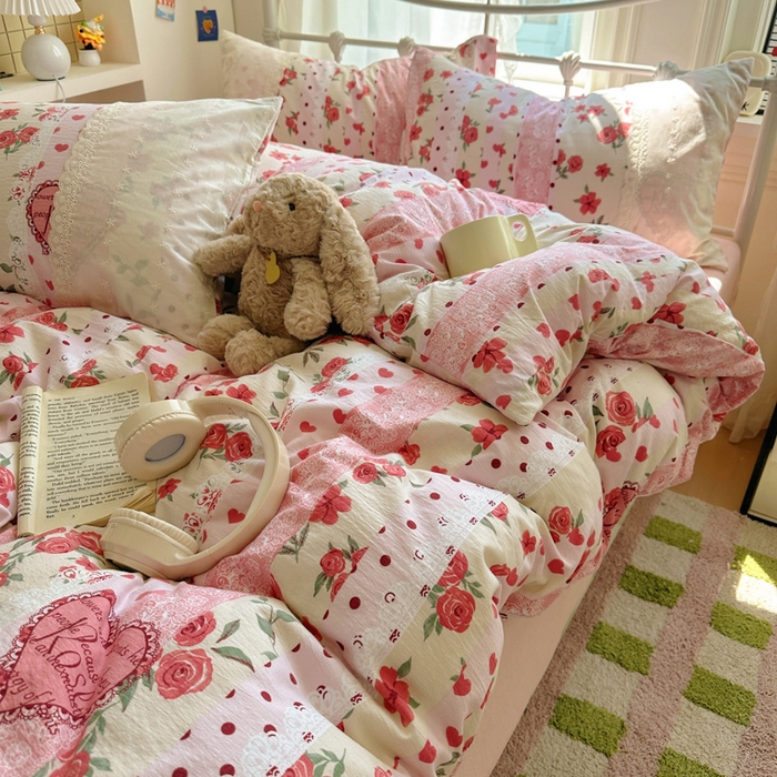 91家纺网 家纺一手货源 找家纺 花伞家居 2025新款A类韩系蕾丝花边云感木棉双层纱四件套（提供买家秀） 韩系热恋城堡