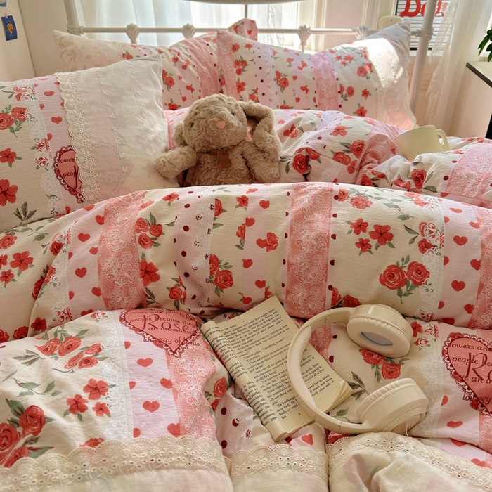 91家纺网 家纺一手货源 找家纺 花伞家居 2025新款A类韩系蕾丝花边云感木棉双层纱四件套（提供买家秀） 韩系热恋城堡