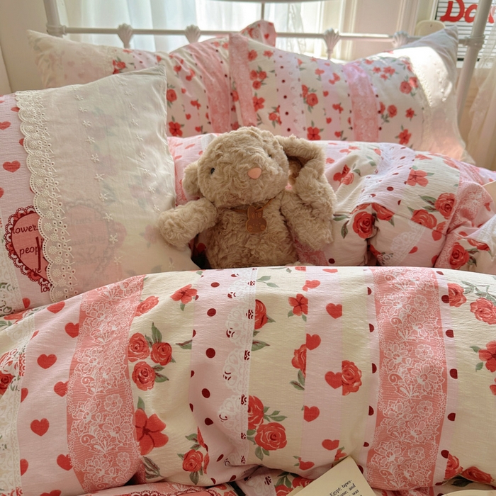 91家纺网 家纺一手货源 找家纺 花伞家居 2025新款A类韩系蕾丝花边云感木棉双层纱四件套（提供买家秀） 韩系热恋城堡