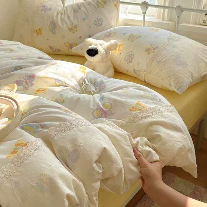 花伞家居 2025新款A类韩系蕾丝花边云感木棉双层纱四件套（提供买家秀） 韩系童年蝴蝶