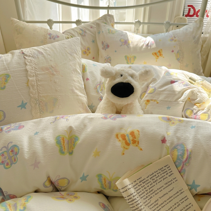 91家纺网 家纺一手货源 找家纺 花伞家居 2025新款A类韩系蕾丝花边云感木棉双层纱四件套（提供买家秀） 韩系童年蝴蝶