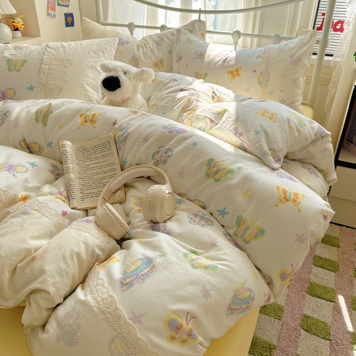 91家纺网 家纺一手货源 找家纺 花伞家居 2025新款A类韩系蕾丝花边云感木棉双层纱四件套（提供买家秀） 韩系童年蝴蝶