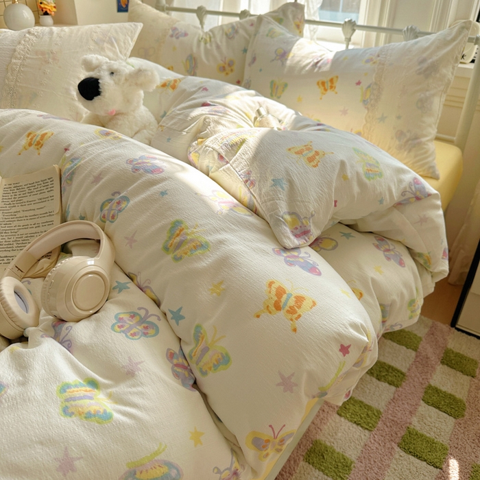 91家纺网 家纺一手货源 找家纺 花伞家居 2025新款A类韩系蕾丝花边云感木棉双层纱四件套（提供买家秀） 韩系童年蝴蝶