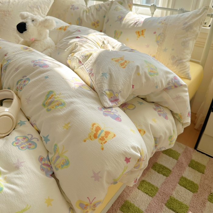 91家纺网 家纺一手货源 找家纺 花伞家居 2025新款A类韩系蕾丝花边云感木棉双层纱四件套（提供买家秀） 韩系童年蝴蝶