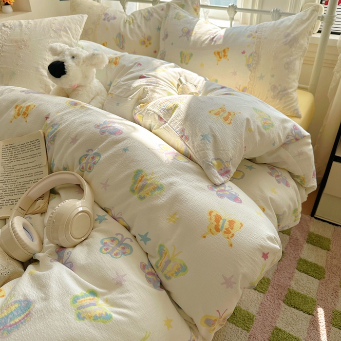 91家纺网 家纺一手货源 找家纺 花伞家居 2025新款A类韩系蕾丝花边云感木棉双层纱四件套（提供买家秀） 韩系童年蝴蝶