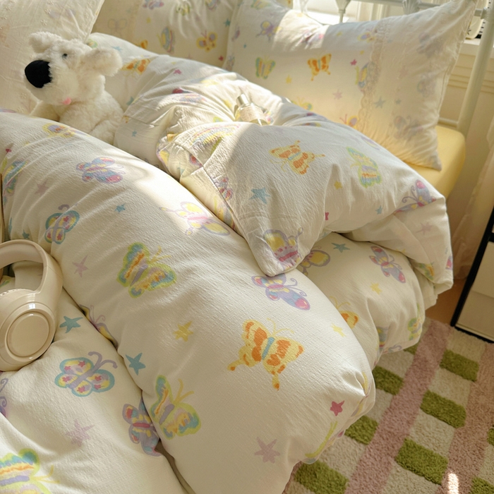 91家纺网 家纺一手货源 找家纺 花伞家居 2025新款A类韩系蕾丝花边云感木棉双层纱四件套（提供买家秀） 韩系童年蝴蝶