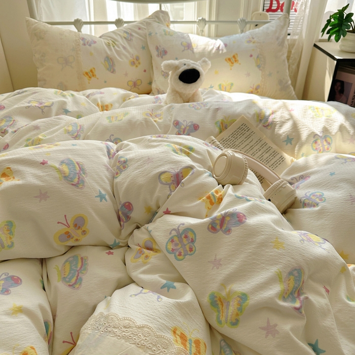 91家纺网 家纺一手货源 找家纺 花伞家居 2025新款A类韩系蕾丝花边云感木棉双层纱四件套（提供买家秀） 韩系童年蝴蝶