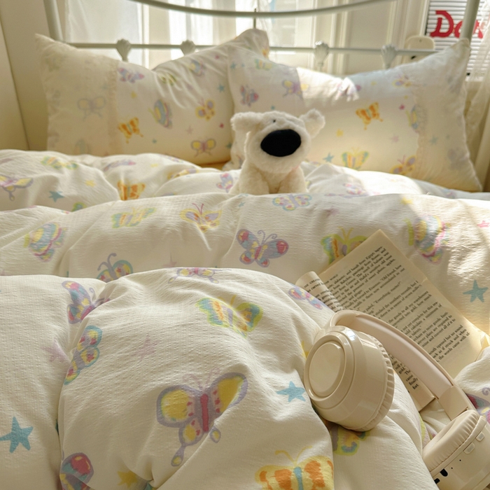 91家纺网 家纺一手货源 找家纺 花伞家居 2025新款A类韩系蕾丝花边云感木棉双层纱四件套（提供买家秀） 韩系童年蝴蝶