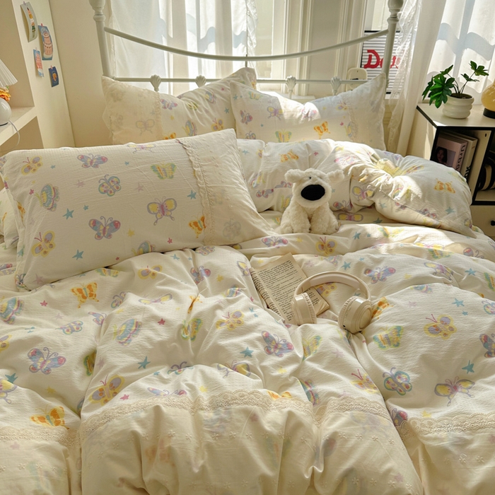 91家纺网 家纺一手货源 找家纺 花伞家居 2025新款A类韩系蕾丝花边云感木棉双层纱四件套（提供买家秀） 韩系童年蝴蝶