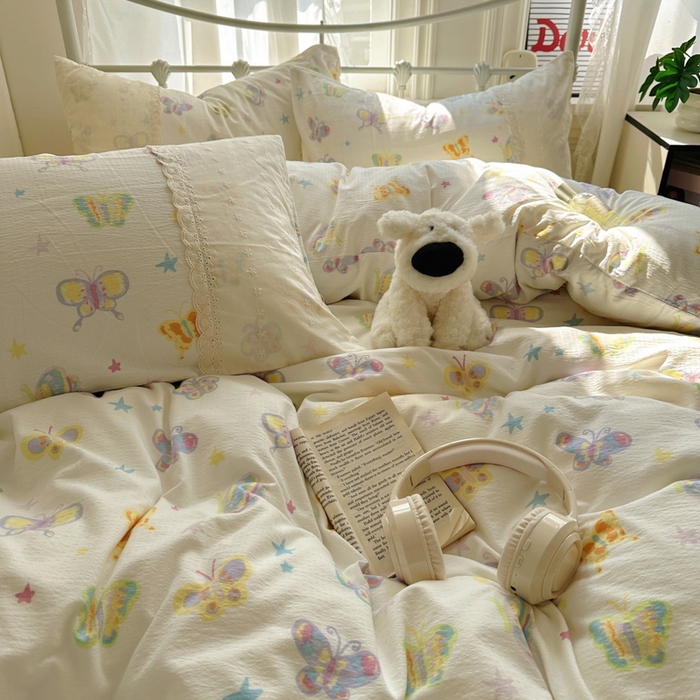 91家纺网 家纺一手货源 找家纺 花伞家居 2025新款A类韩系蕾丝花边云感木棉双层纱四件套（提供买家秀） 韩系童年蝴蝶