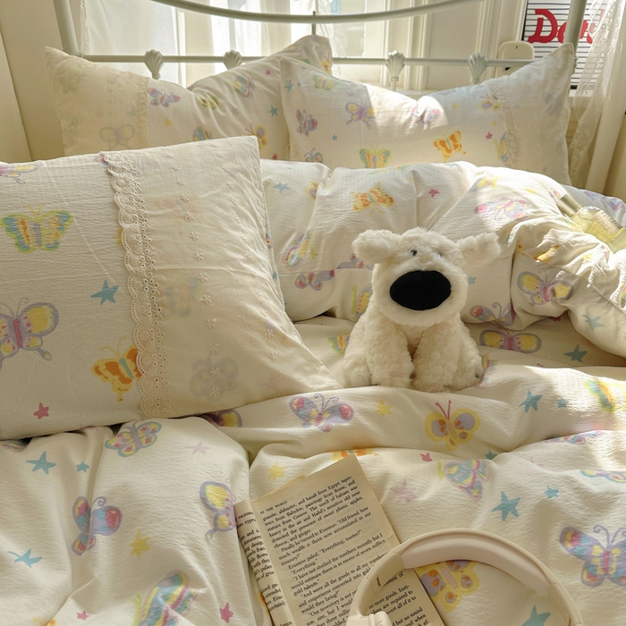 91家纺网 家纺一手货源 找家纺 花伞家居 2025新款A类韩系蕾丝花边云感木棉双层纱四件套（提供买家秀） 韩系童年蝴蝶