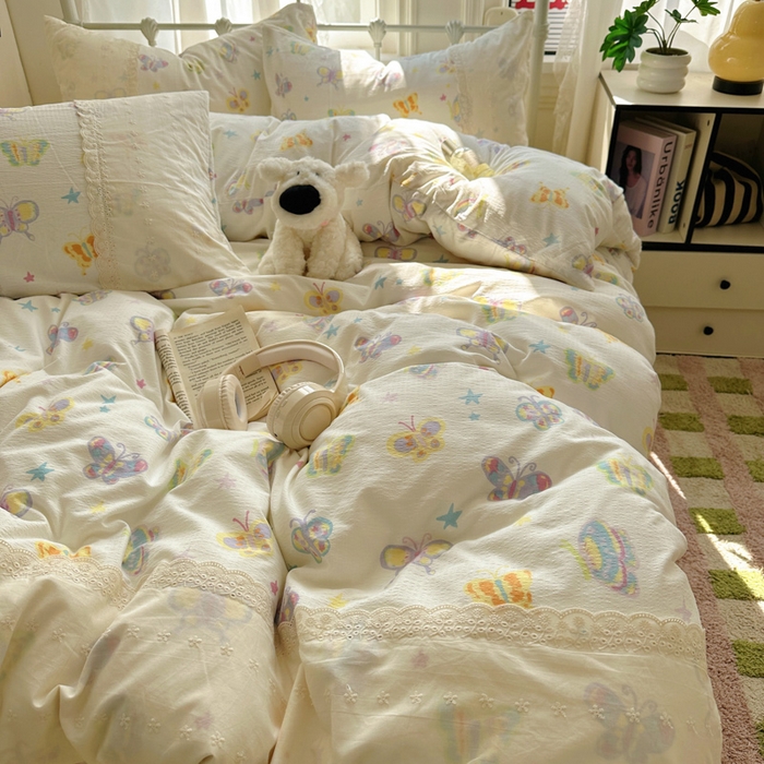 91家纺网 家纺一手货源 找家纺 花伞家居 2025新款A类韩系蕾丝花边云感木棉双层纱四件套（提供买家秀） 韩系童年蝴蝶