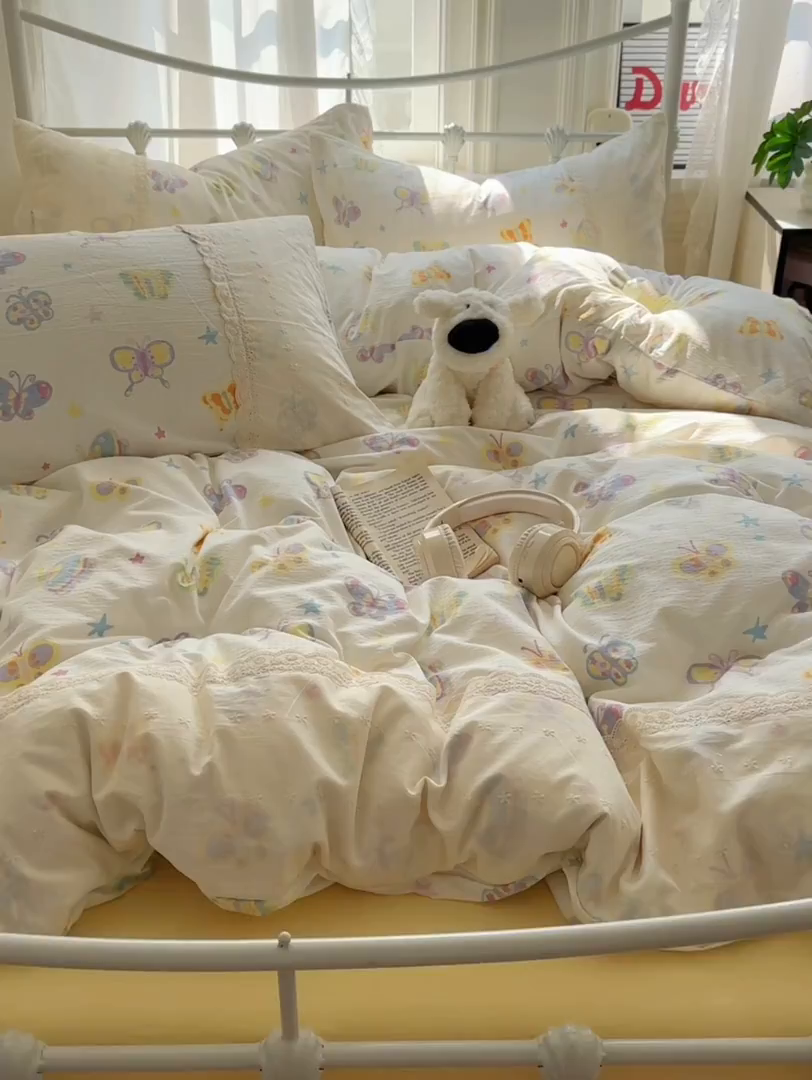 91家纺网 家纺一手货源 找家纺 花伞家居 2025新款A类韩系蕾丝花边云感木棉双层纱四件套（提供买家秀） 韩系童年蝴蝶