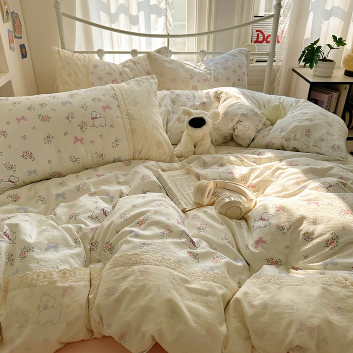 91家纺网 家纺一手货源 找家纺 花伞家居 2025新款A类韩系蕾丝花边云感木棉双层纱四件套（提供买家秀） 韩系新气场