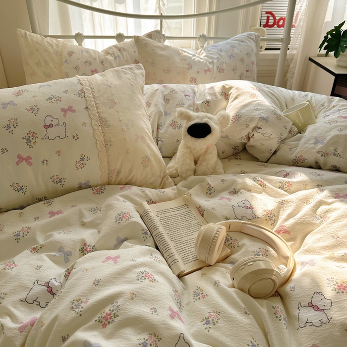 91家纺网 家纺一手货源 找家纺 花伞家居 2025新款A类韩系蕾丝花边云感木棉双层纱四件套（提供买家秀） 韩系新气场