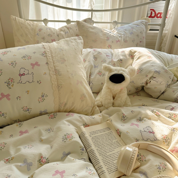 91家纺网 家纺一手货源 找家纺 花伞家居 2025新款A类韩系蕾丝花边云感木棉双层纱四件套（提供买家秀） 韩系新气场