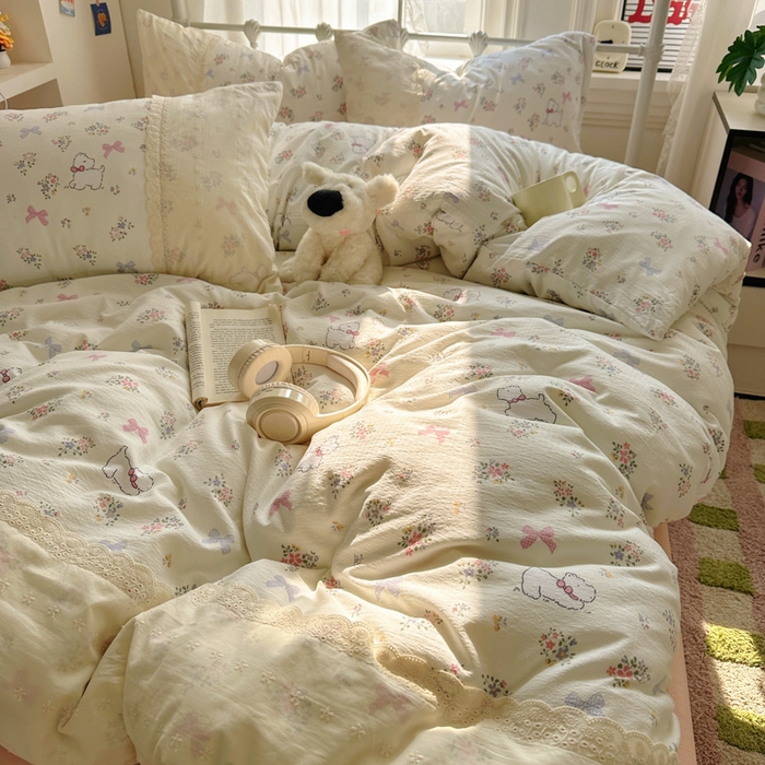 91家纺网 家纺一手货源 找家纺 花伞家居 2025新款A类韩系蕾丝花边云感木棉双层纱四件套（提供买家秀） 韩系新气场