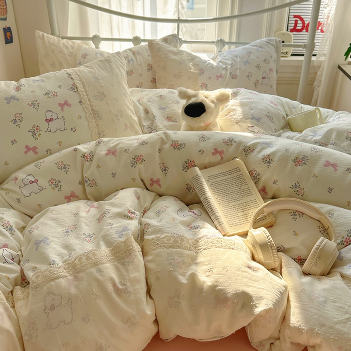 91家纺网 家纺一手货源 找家纺 花伞家居 2025新款A类韩系蕾丝花边云感木棉双层纱四件套（提供买家秀） 韩系新气场