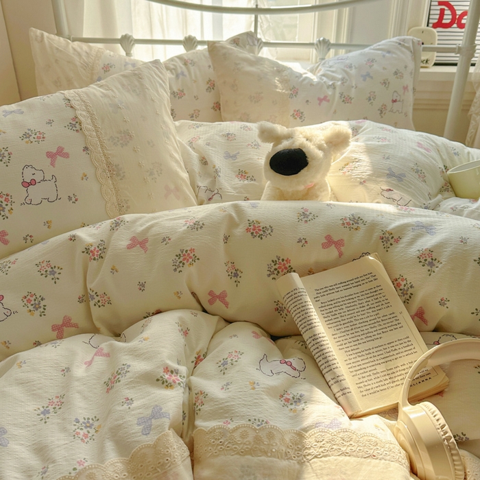 91家纺网 家纺一手货源 找家纺 花伞家居 2025新款A类韩系蕾丝花边云感木棉双层纱四件套（提供买家秀） 韩系新气场