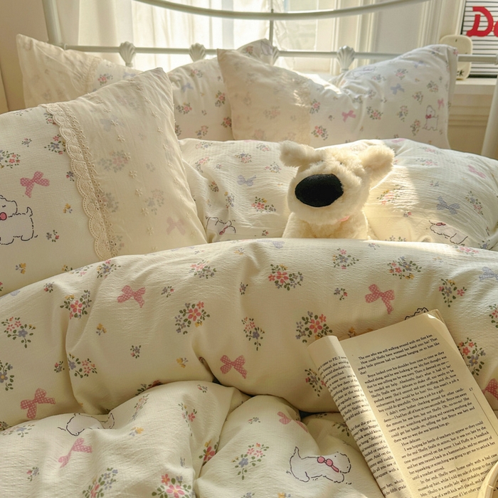 91家纺网 家纺一手货源 找家纺 花伞家居 2025新款A类韩系蕾丝花边云感木棉双层纱四件套（提供买家秀） 韩系新气场