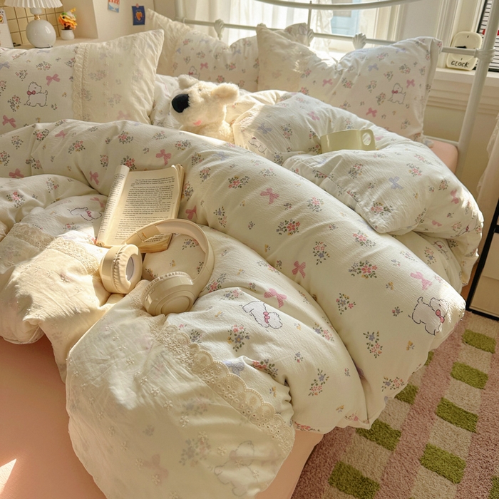 91家纺网 家纺一手货源 找家纺 花伞家居 2025新款A类韩系蕾丝花边云感木棉双层纱四件套（提供买家秀） 韩系新气场