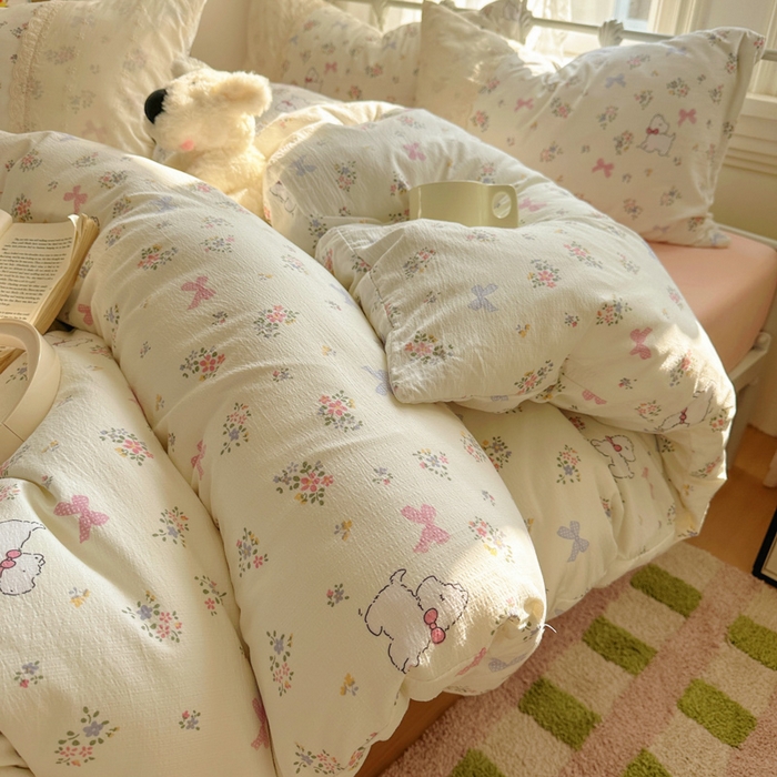 91家纺网 家纺一手货源 找家纺 花伞家居 2025新款A类韩系蕾丝花边云感木棉双层纱四件套（提供买家秀） 韩系新气场