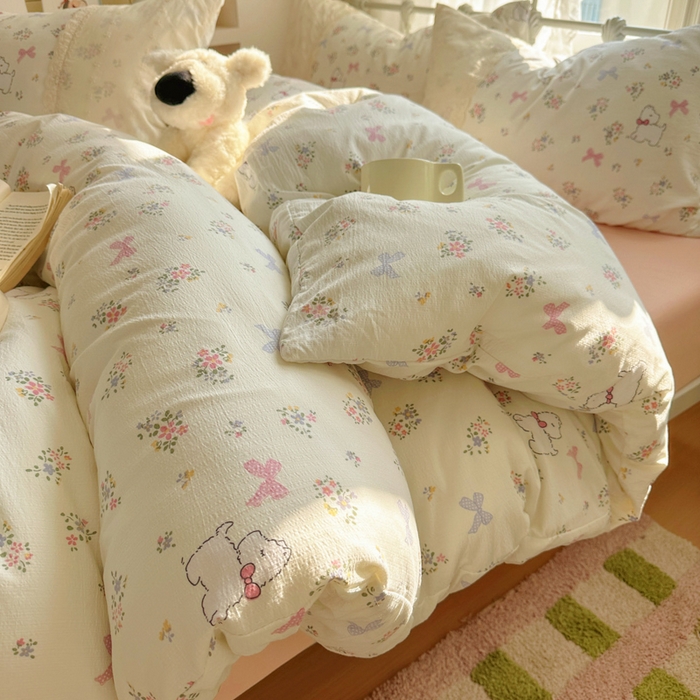 91家纺网 家纺一手货源 找家纺 花伞家居 2025新款A类韩系蕾丝花边云感木棉双层纱四件套（提供买家秀） 韩系新气场