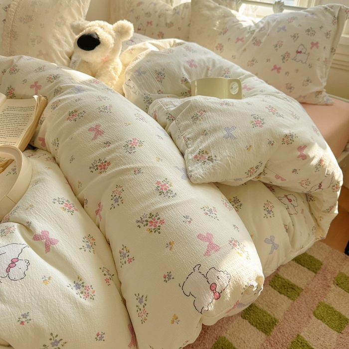 91家纺网 家纺一手货源 找家纺 花伞家居 2025新款A类韩系蕾丝花边云感木棉双层纱四件套（提供买家秀） 韩系新气场