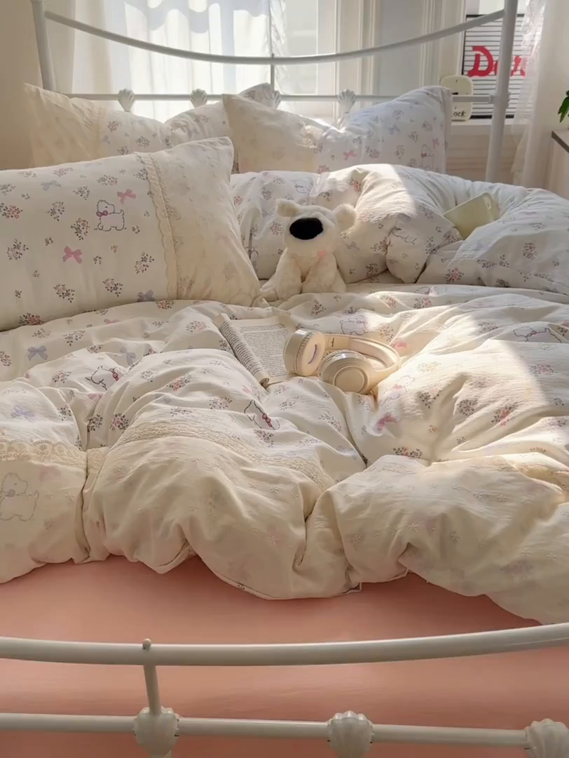 91家纺网 家纺一手货源 找家纺 花伞家居 2025新款A类韩系蕾丝花边云感木棉双层纱四件套（提供买家秀） 韩系新气场