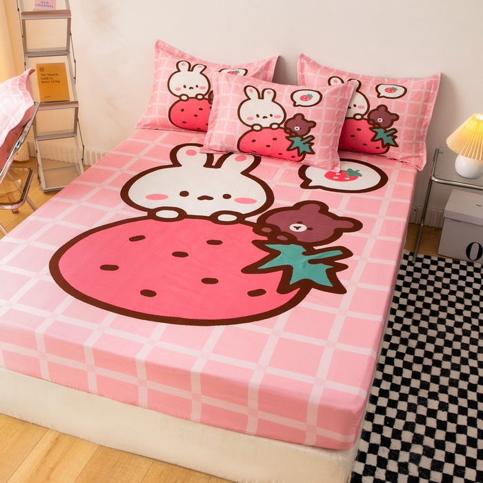 91家纺网 家纺一手货源 找家纺 一电 2024新款卡通床单床笠棕垫床套防尘罩席床垫保护套卡通儿童上下床床单床笠-第一批 草莓动物