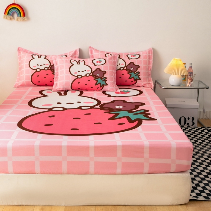 91家纺网 家纺一手货源 找家纺 一电 2024新款卡通床单床笠棕垫床套防尘罩席床垫保护套卡通儿童上下床床单床笠-第一批 草莓动物