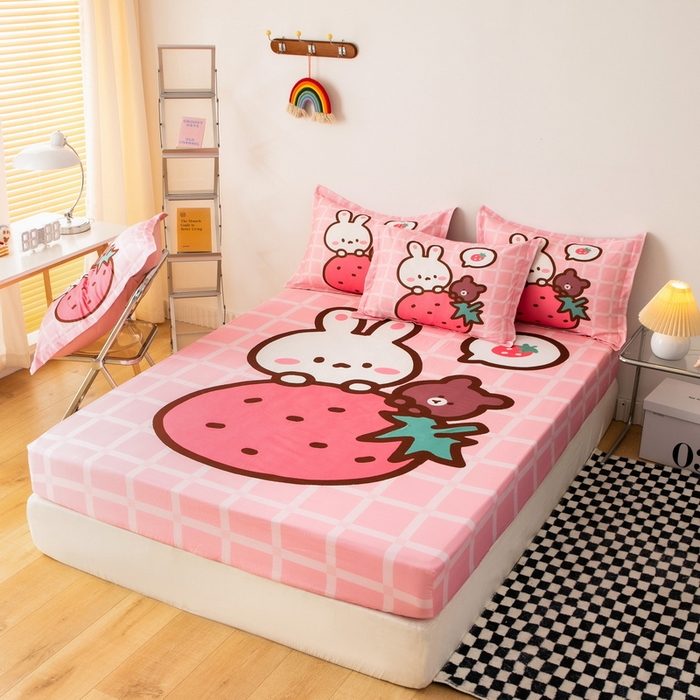 91家纺网 家纺一手货源 找家纺 一电 2024新款卡通床单床笠棕垫床套防尘罩席床垫保护套卡通儿童上下床床单床笠-第一批 草莓动物