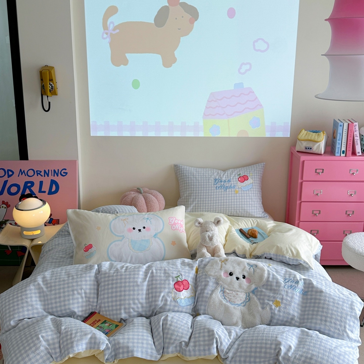 91家纺网 家纺一手货源 找家纺 觅糖家纺 2025秋冬韩系全棉水洗棉系列四件套 樱桃狗狗