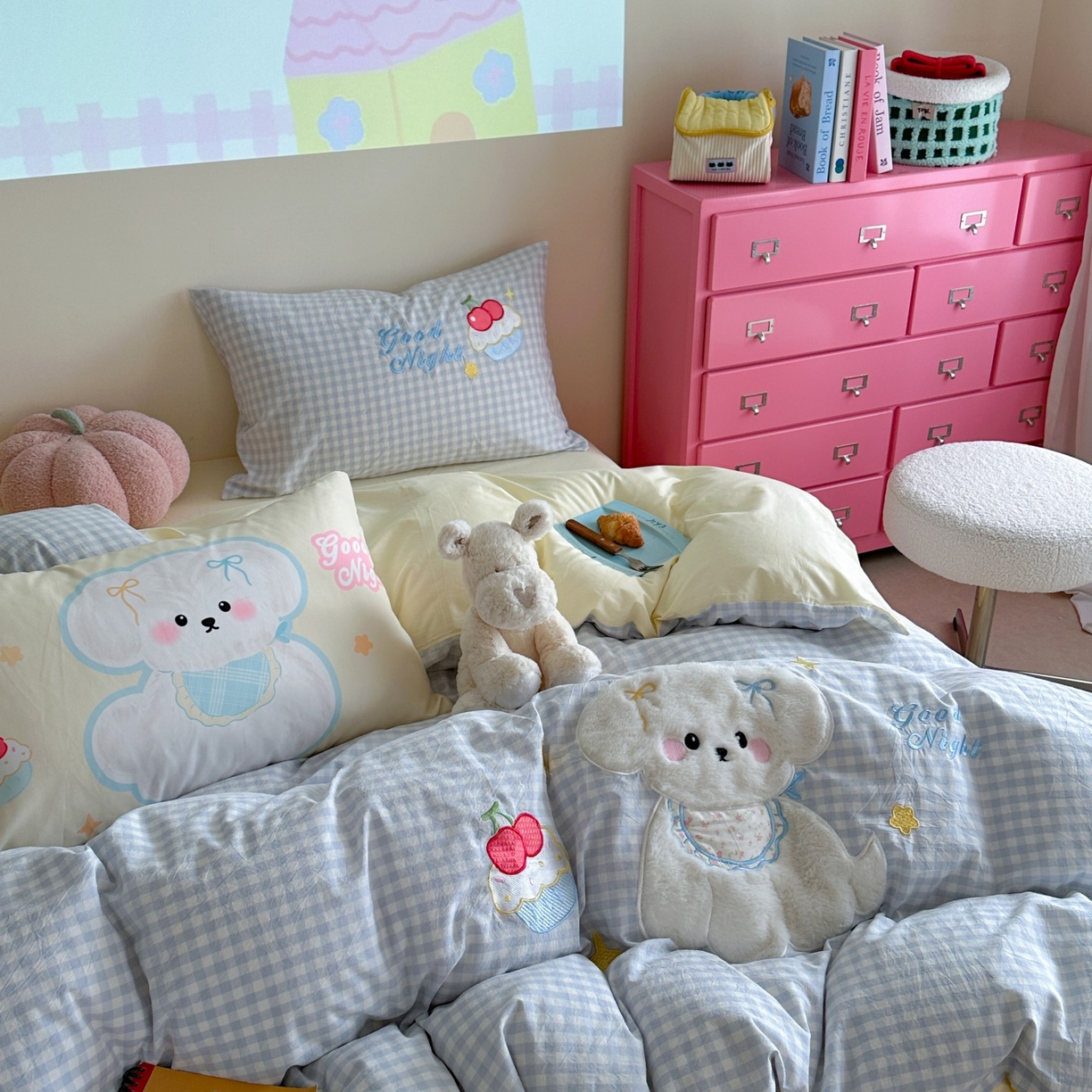 91家纺网 家纺一手货源 找家纺 觅糖家纺 2025秋冬韩系全棉水洗棉系列四件套 樱桃狗狗