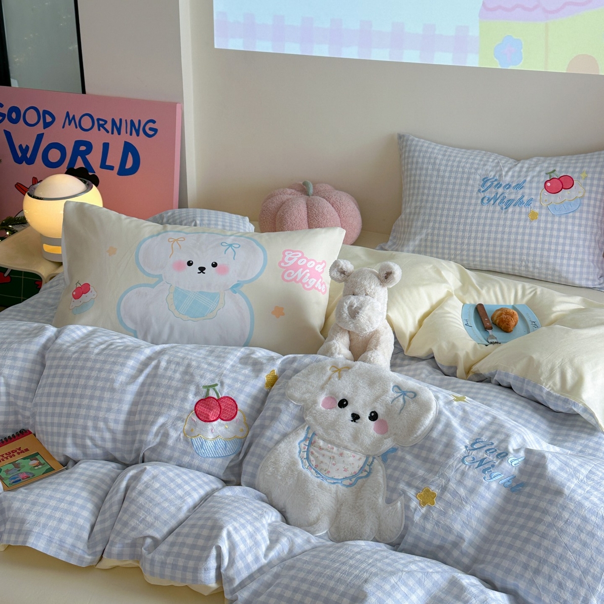 91家纺网 家纺一手货源 找家纺 觅糖家纺 2025秋冬韩系全棉水洗棉系列四件套 樱桃狗狗