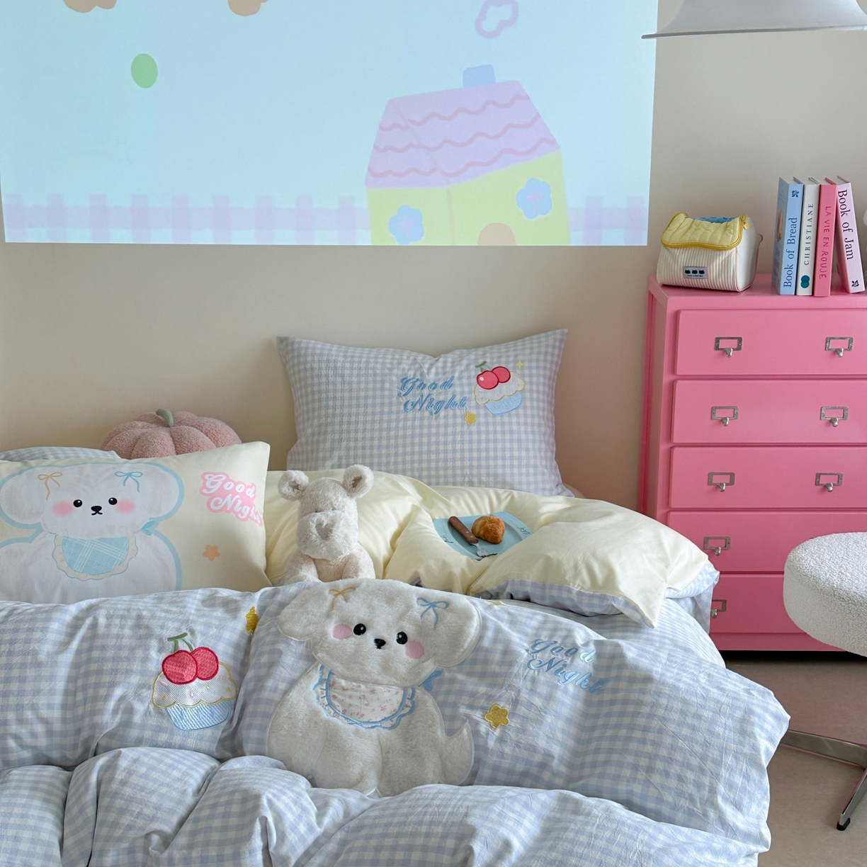 91家纺网 家纺一手货源 找家纺 觅糖家纺 2025秋冬韩系全棉水洗棉系列四件套 樱桃狗狗