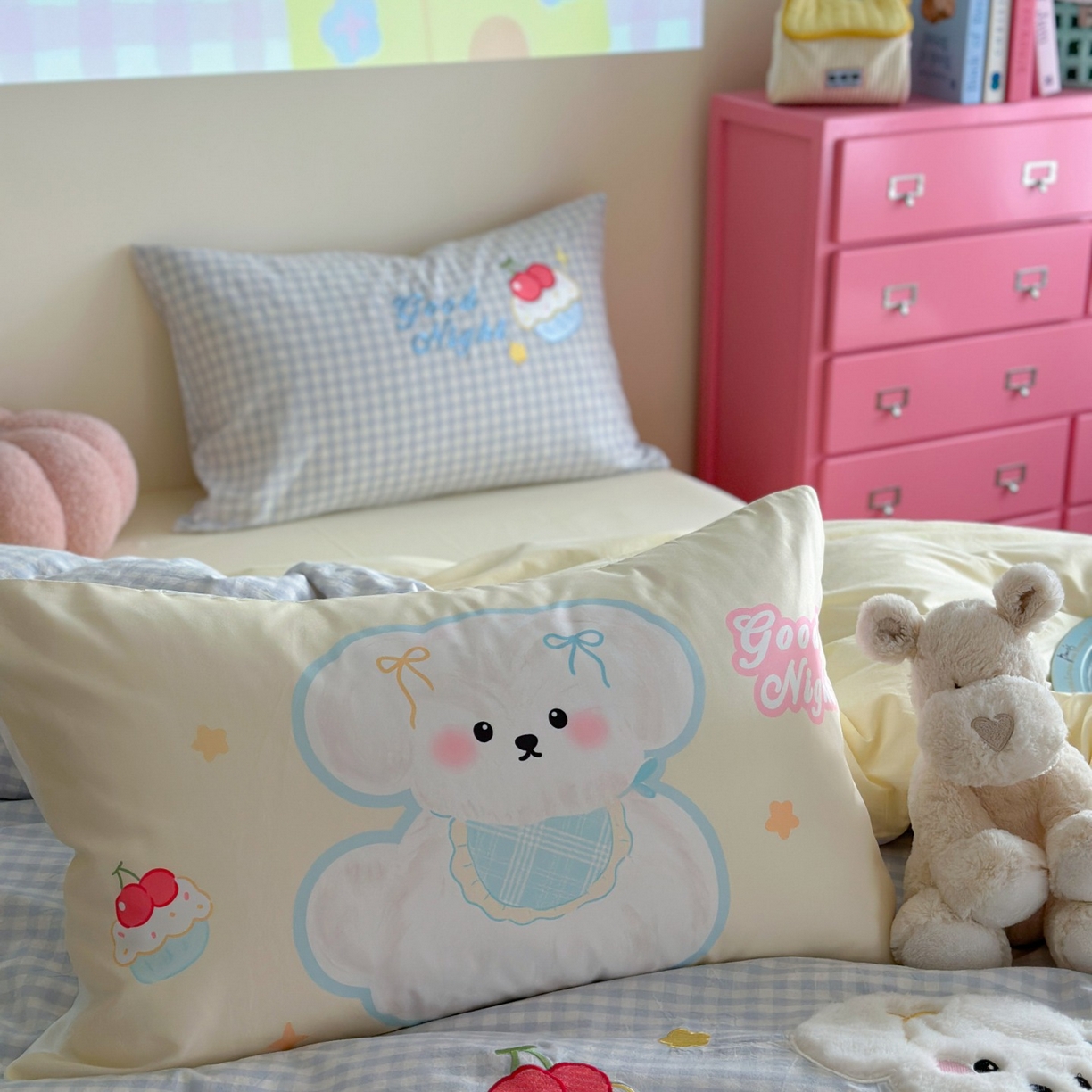 91家纺网 家纺一手货源 找家纺 觅糖家纺 2025秋冬韩系全棉水洗棉系列四件套 樱桃狗狗