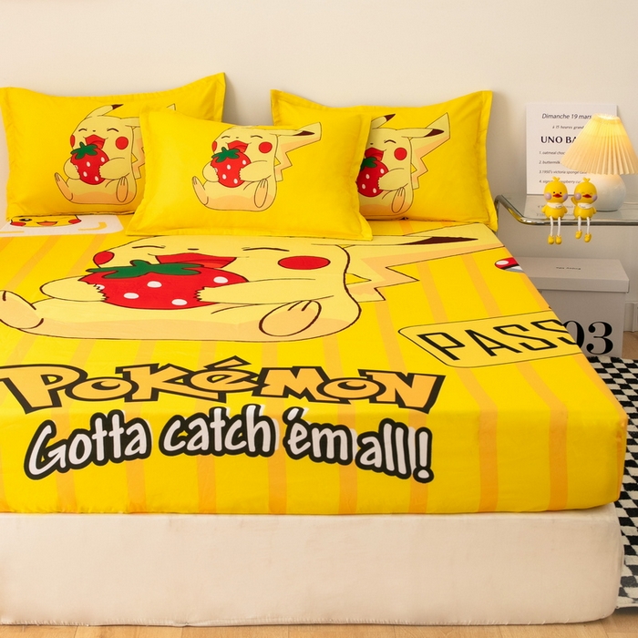 91家纺网 家纺一手货源 找家纺 一电 2024新款卡通床单床笠棕垫床套防尘罩席床垫保护套卡通儿童上下床床单床笠-第一批 草莓皮卡丘