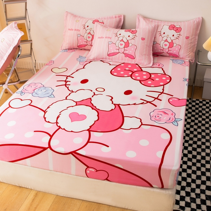 91家纺网 家纺一手货源 找家纺 一电 2024新款卡通床单床笠棕垫床套防尘罩席床垫保护套卡通儿童上下床床单床笠-第一批 害羞KT