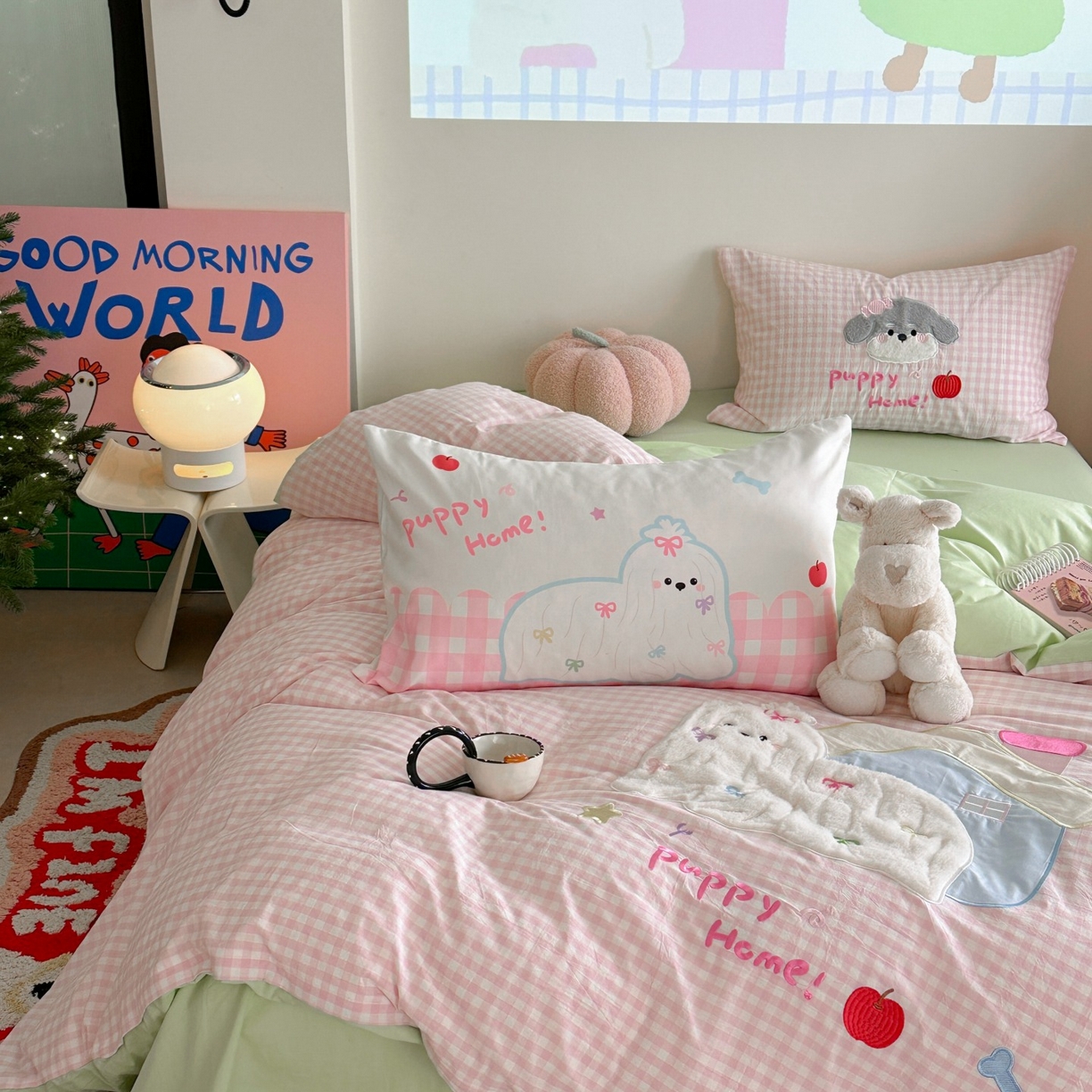 觅糖家纺 2025秋冬韩系全棉水洗棉系列四件套 小狗屋