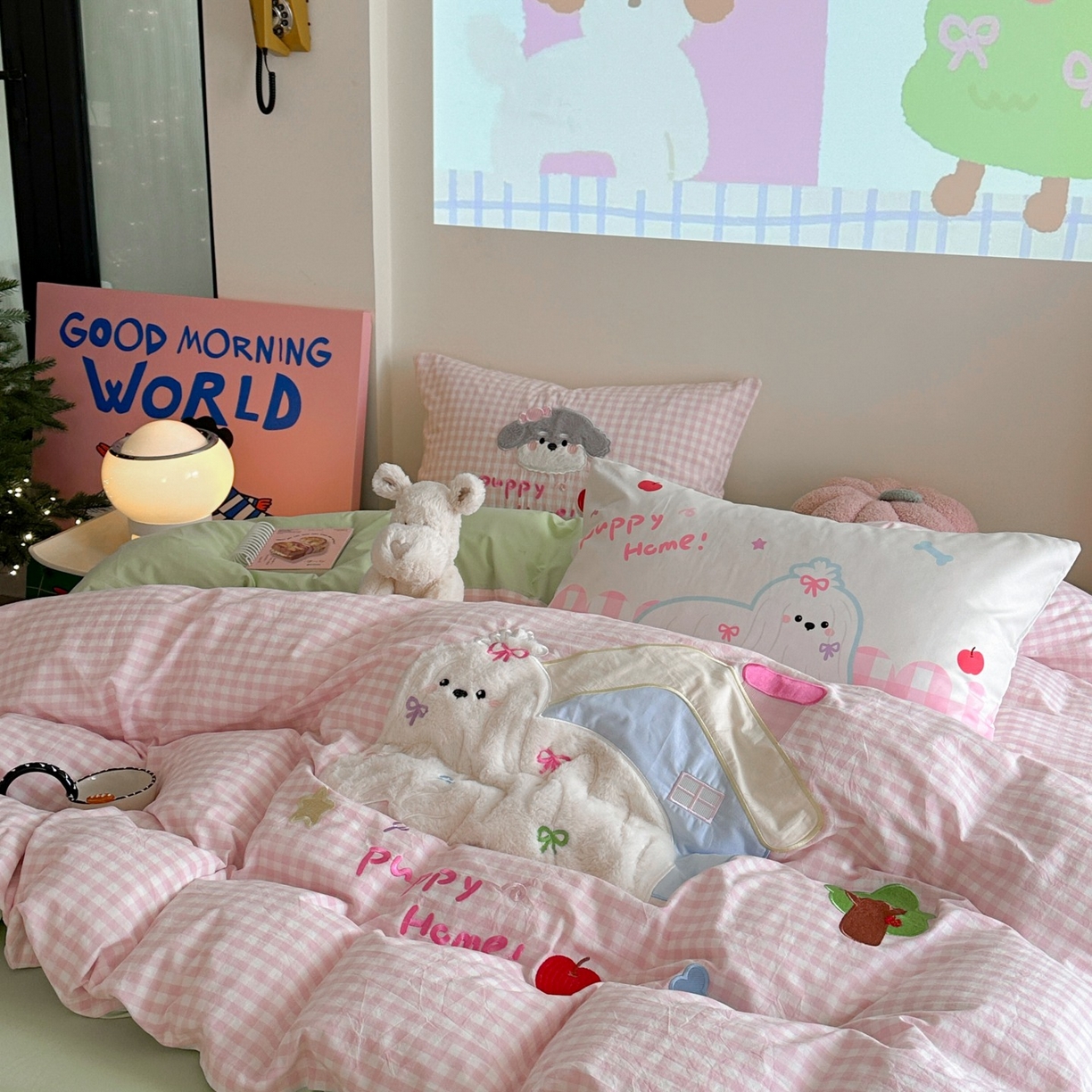 91家纺网 家纺一手货源 找家纺 觅糖家纺 2025秋冬韩系全棉水洗棉系列四件套 小狗屋