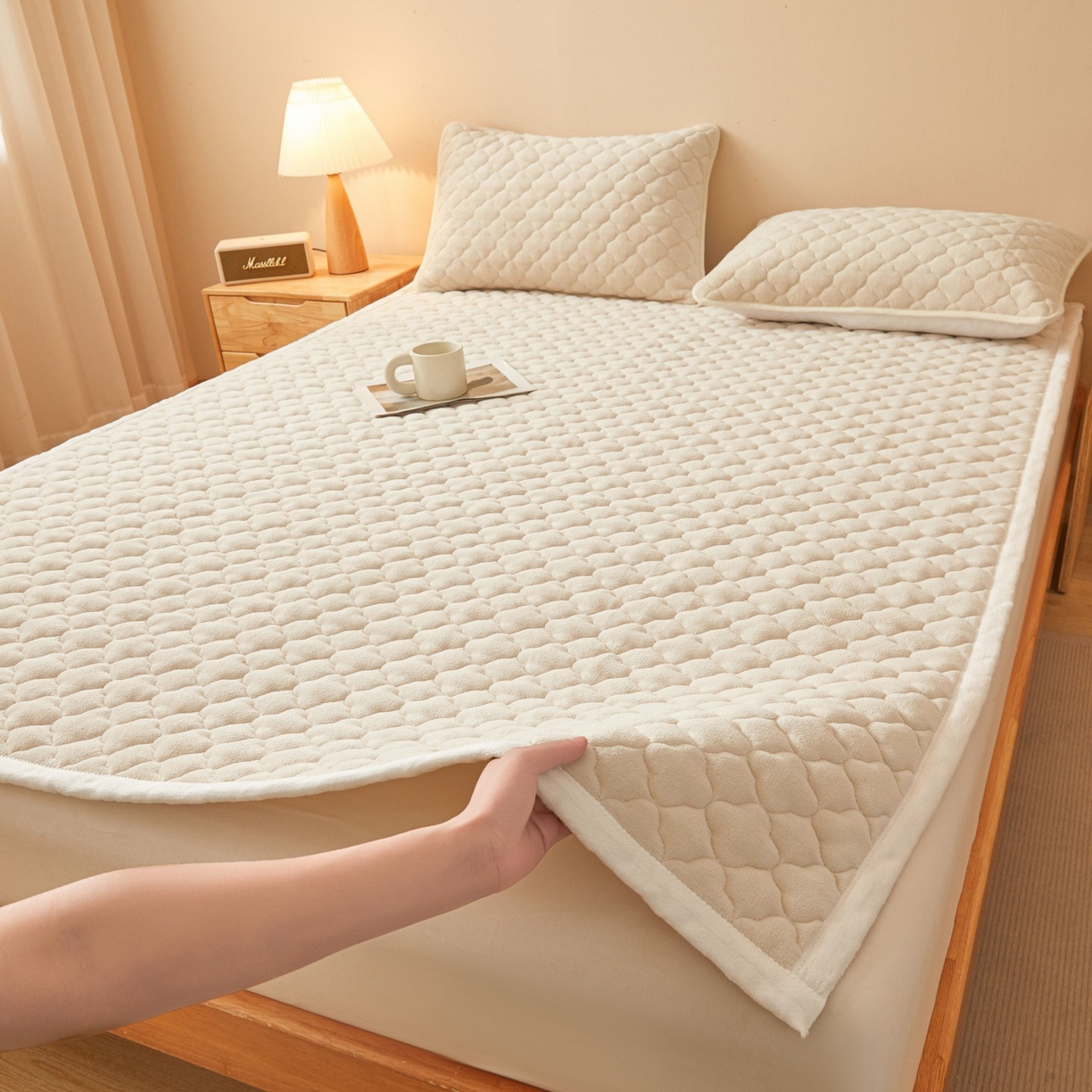 91家纺网 家纺一手货源 找家纺 初心家纺 2025新款高克重牛奶绒印花夹棉床垫 奶油白