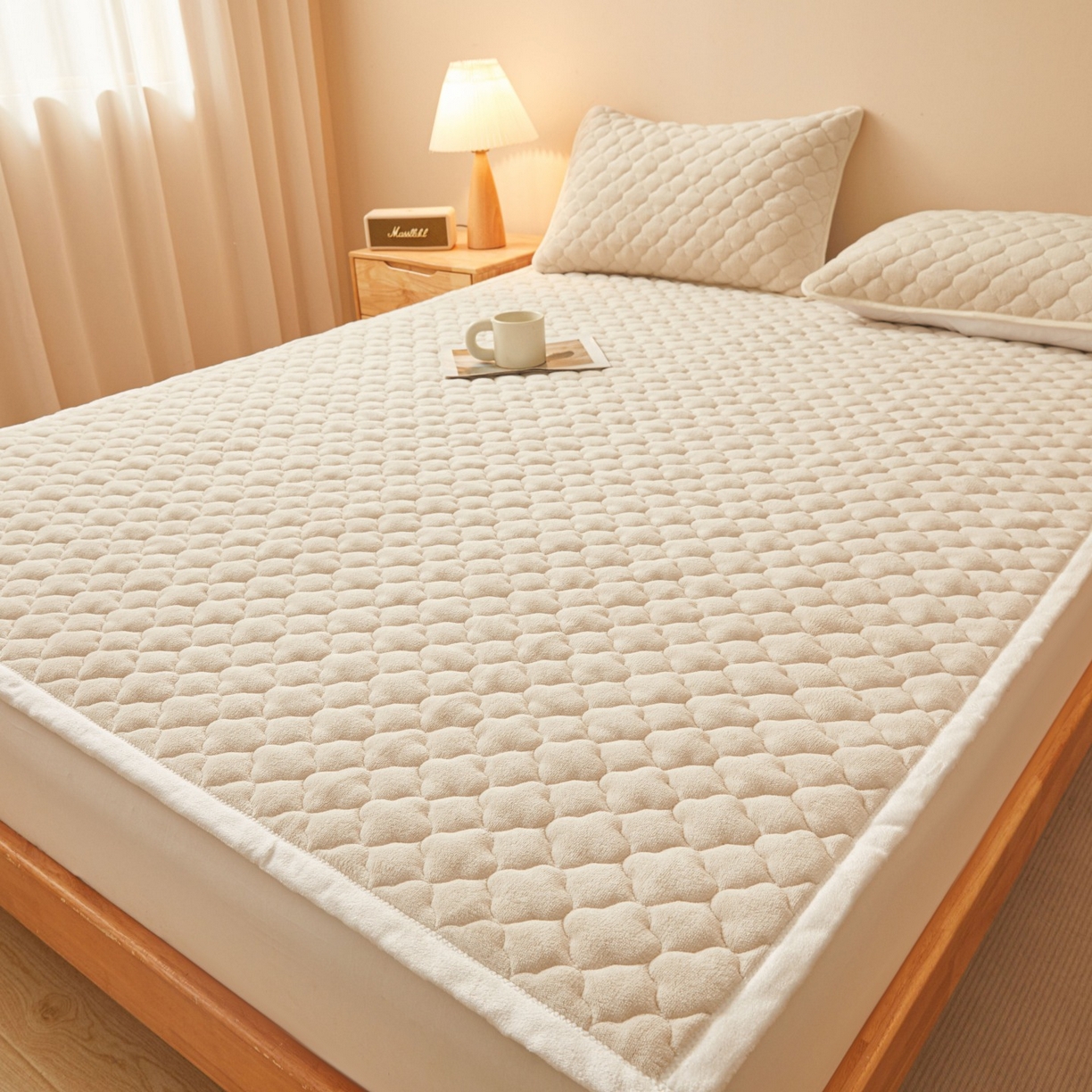 91家纺网 家纺一手货源 找家纺 初心家纺 2025新款高克重牛奶绒印花夹棉床垫 奶油白