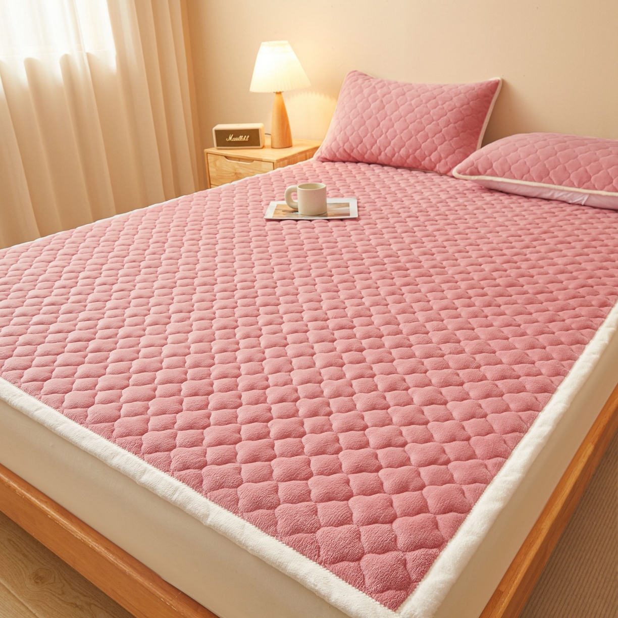 91家纺网 家纺一手货源 找家纺 初心家纺 2025新款高克重牛奶绒印花夹棉床垫 豆沙粉