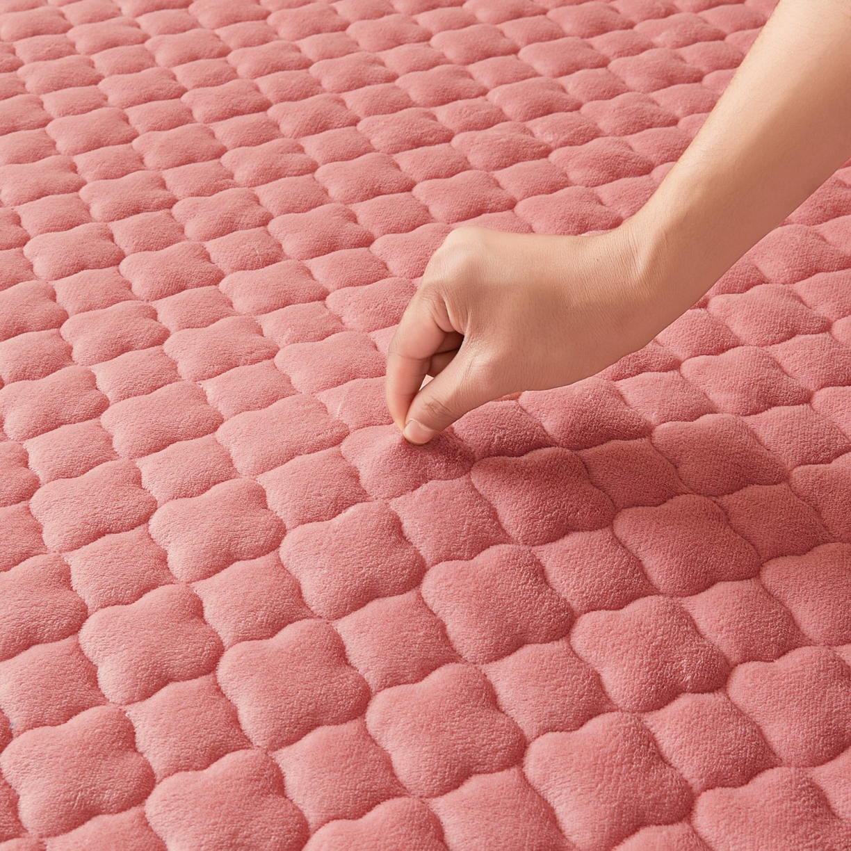 91家纺网 家纺一手货源 找家纺 初心家纺 2025新款高克重牛奶绒印花夹棉床垫 豆沙粉