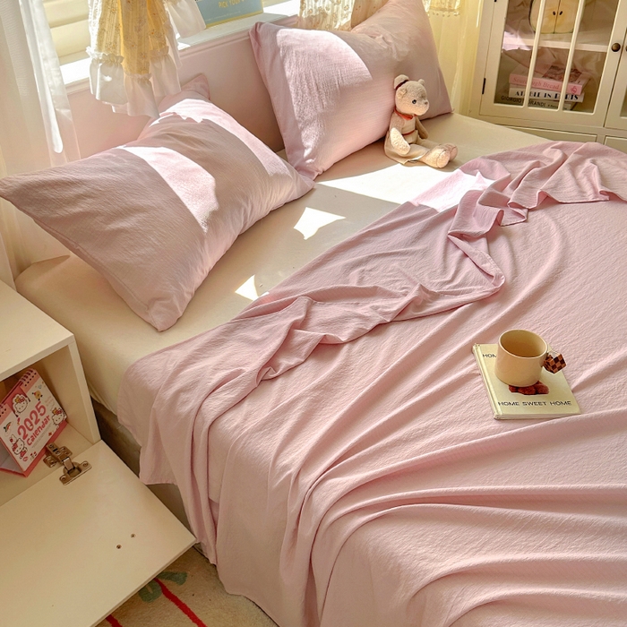 91家纺网 家纺一手货源 找家纺 花伞家居 2025新款A类高克重云感木棉双层纱单床单（提供买家秀） 粉豆沙