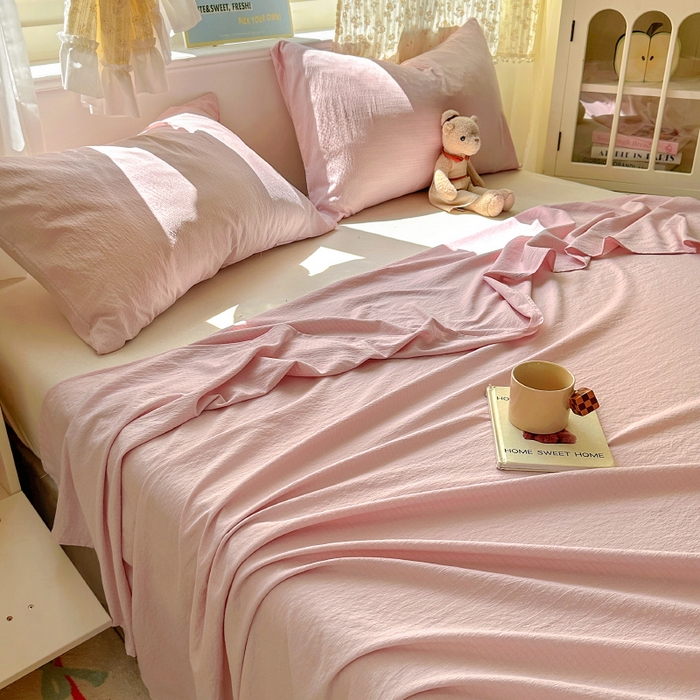 91家纺网 家纺一手货源 找家纺 花伞家居 2025新款A类高克重云感木棉双层纱单床单（提供买家秀） 粉豆沙