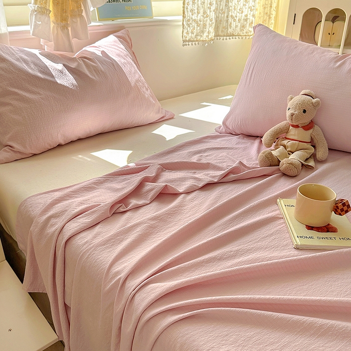 91家纺网 家纺一手货源 找家纺 花伞家居 2025新款A类高克重云感木棉双层纱单床单（提供买家秀） 粉豆沙